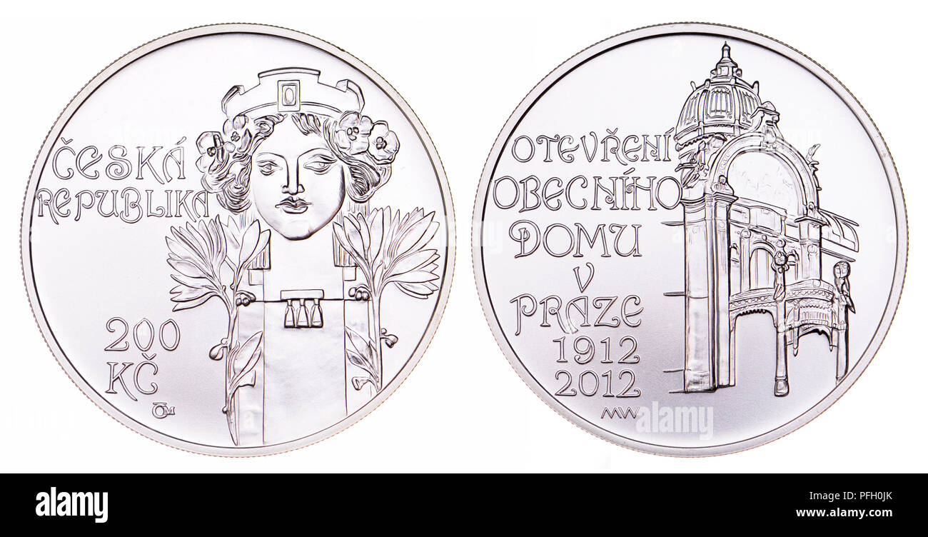 200 Kc Silber Gedenkmünze (2012) aus der Tschechischen Republik: Jahrestag der kommunalen Haus (Obneci Dum) in Prag - Jugendstil Architektur Stockfoto