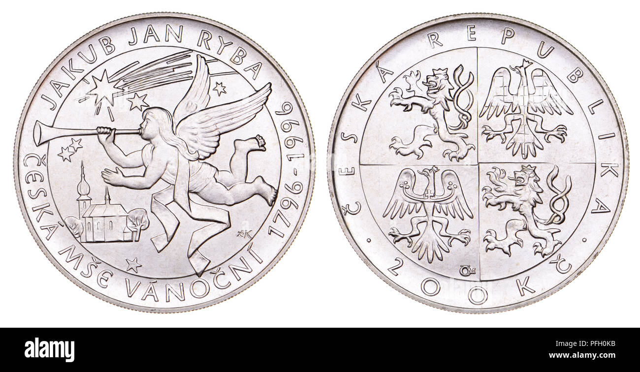 200 Kc Silber münze aus der Tschechischen Republik (1996) Gedenken an zwei Hundert Jahre von Jakub Jan Ryba der Christmette Stockfoto