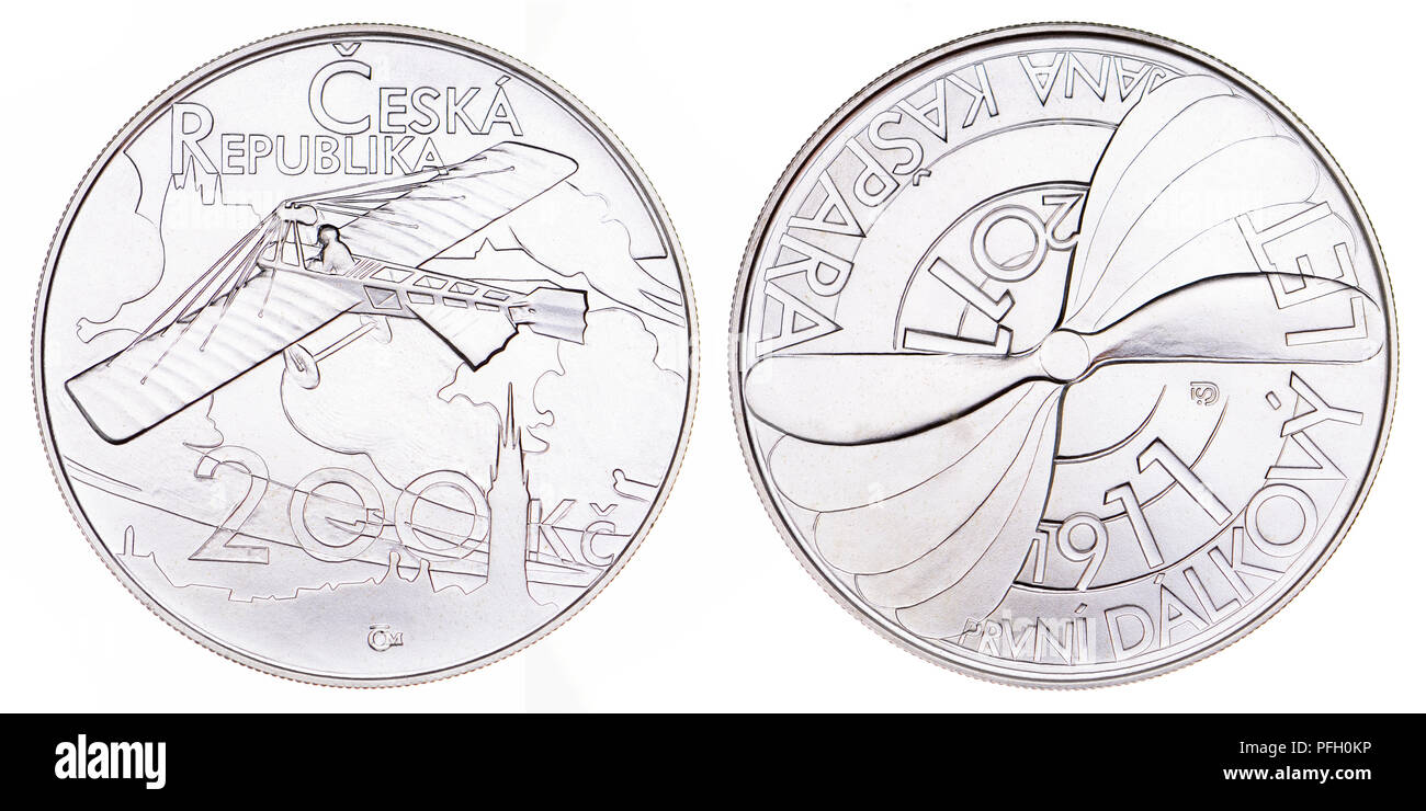 200 Kc Silber Gedenkmünze aus der Tschechischen Republik. 100. Jahrestag der erste Flug von Pilsen nach Prag von Jan Kašpar Stockfoto