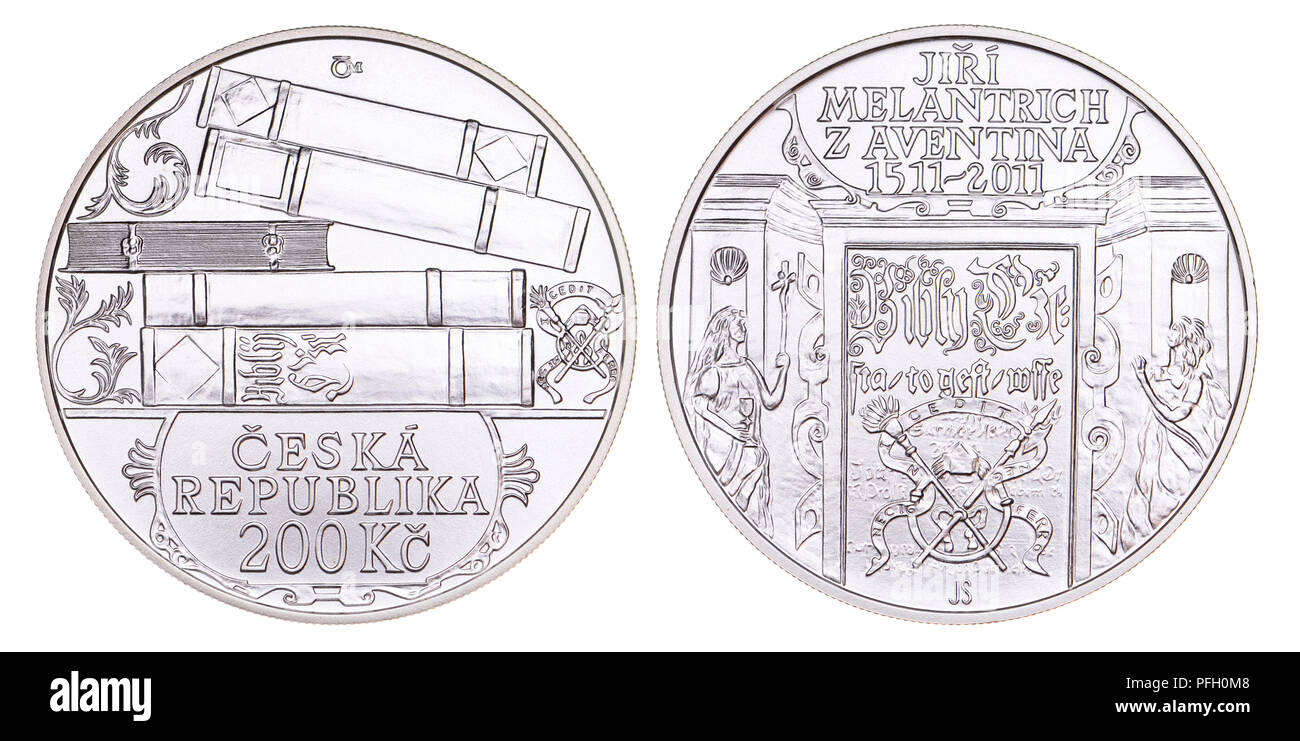 200 Kc Silber Gedenkmünze aus der Tschechischen Republik. 500. Jahrestag der Geburt von Jirí Melantrich von Aventinum/Aventino (1511-1580) Tschechische Stockfoto