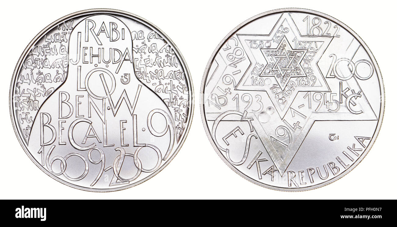 200Kc Silber-Gedenkmünze aus der Tschechischen Republik. 400. Todestag des Gelehrten Rabbi Jehuda Löw Ben Becalel Stockfoto