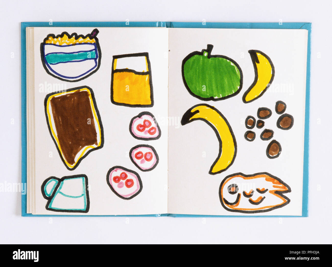 Öffnen Skizzenbuch mit Zeichnungen des Kindes gefüllt, Ansicht von oben Stockfoto
