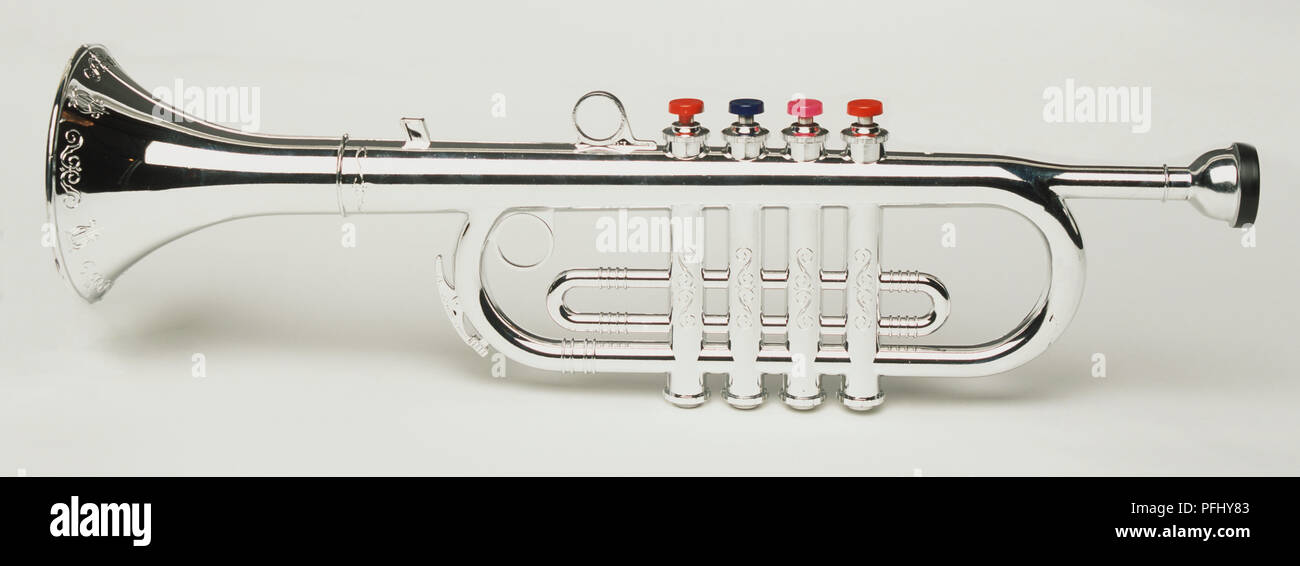 Silber Trompete mit rote Kolben Ventile, Seitenansicht. Stockfoto
