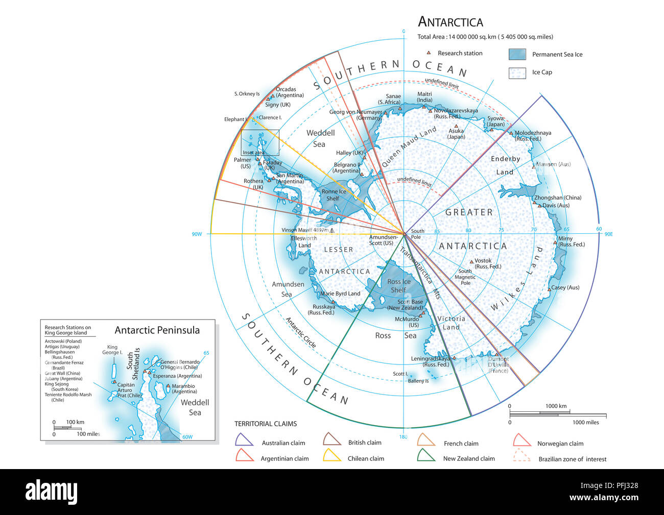 Karte der Antarktis Stockfoto