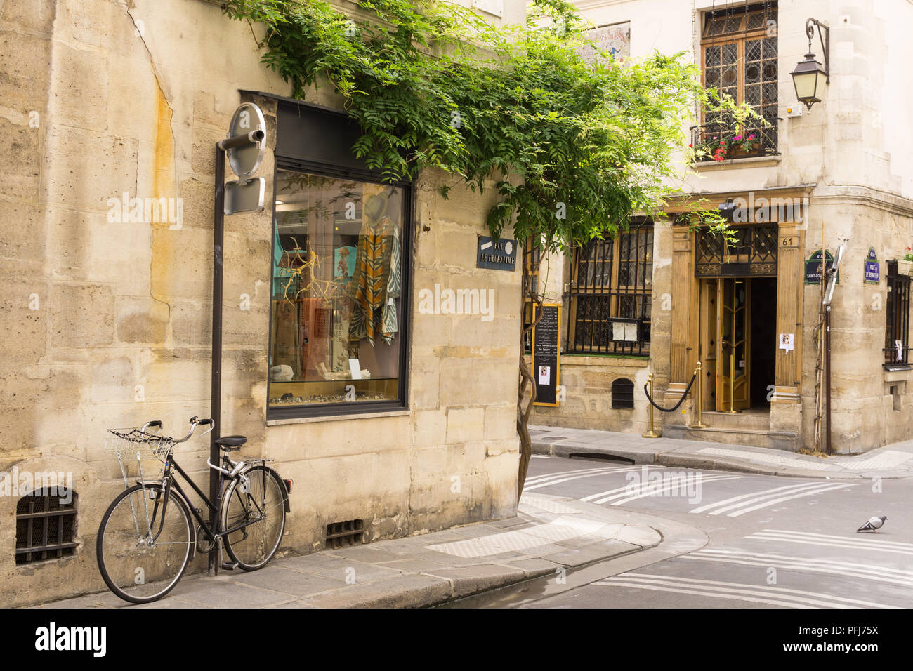 Paris mit dem Fahrrad - Geparkte Fahrräder in einer ruhigen Pariser Straße auf der Ile Saint Louis. Frankreich, Europa. Stockfoto