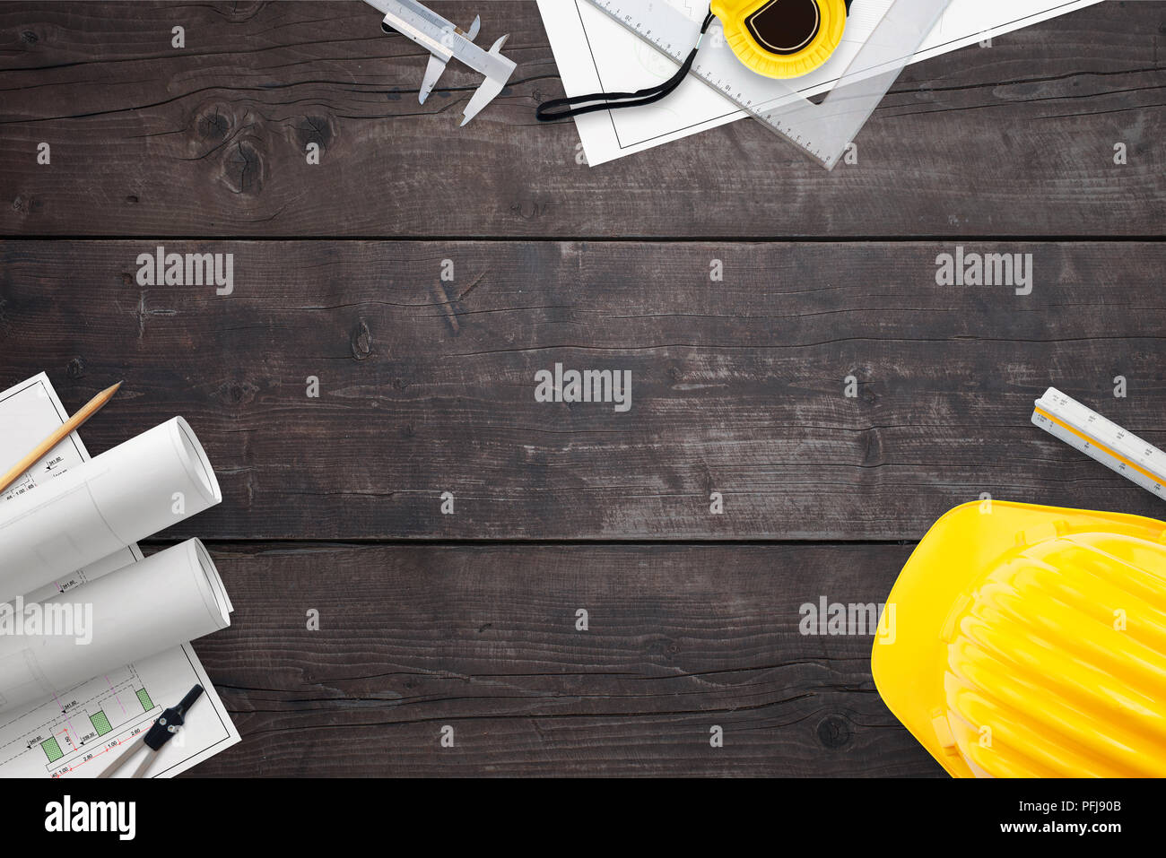 Bau Projekte und Tools für Messung an einem hölzernen Tisch. Kopieren Sie Platz. Flach, Ansicht von oben. Stockfoto