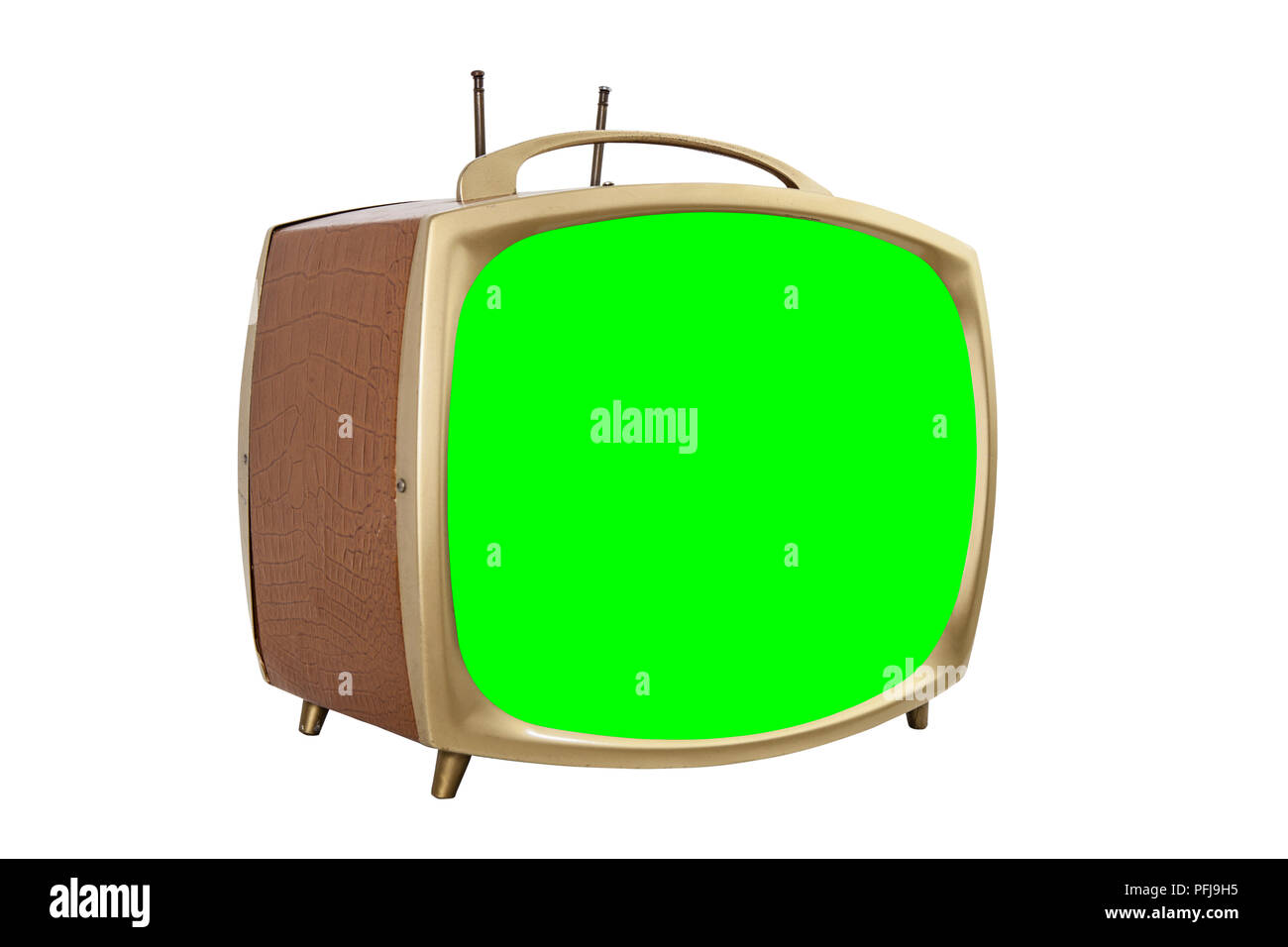 Retro 1950s tragbarer Fernseher mit Chroma Key Green Screen. Stockfoto