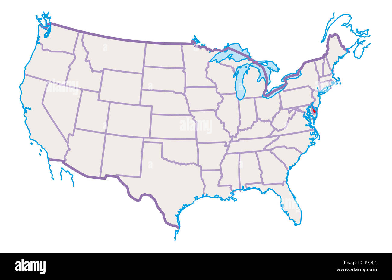 Karte von USA, Delaware in Rot hervorgehoben Stockfoto