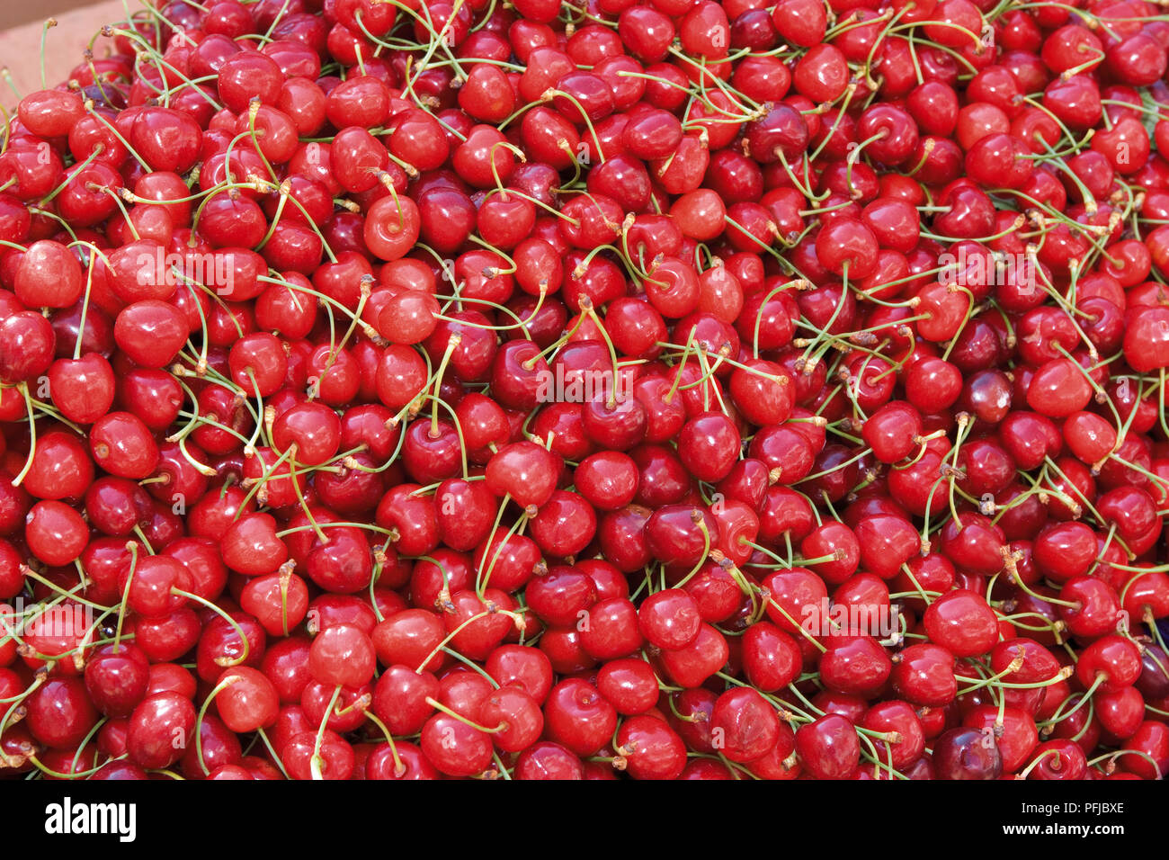 Frische rote Kirschen auf dem Markt, Ansicht von oben Stockfoto
