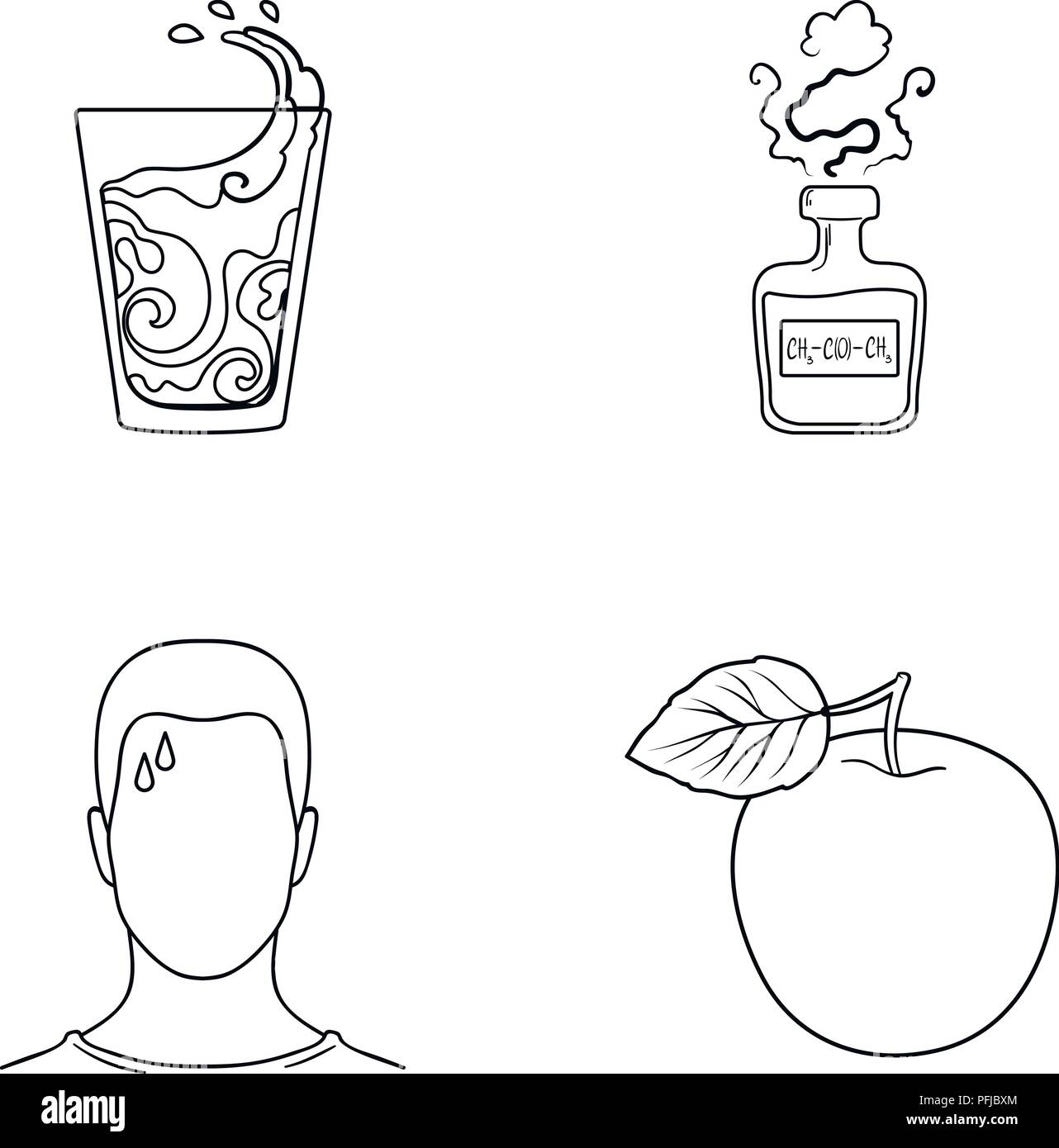 Ein Glas Wasser, eine Flasche Alkohol, ein Schwitzen Mann, ein Apple. Diabeth set Sammlung Symbole in der gliederungsansicht Stil vektor Symbol lieferbar Abbildung. Stock Vektor