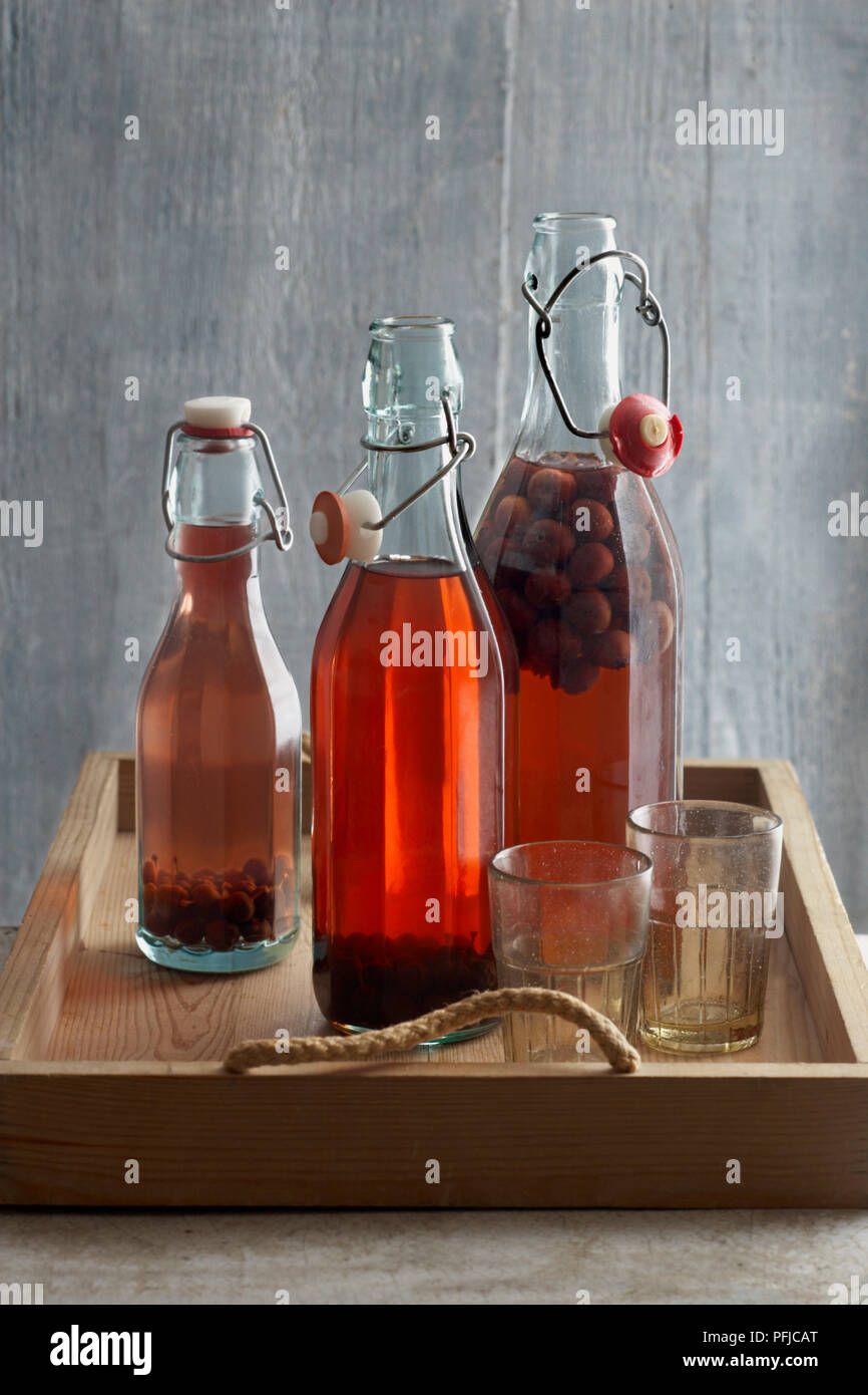 Drei Flaschen hausgemachte Sloe Gin und zwei Gläser auf einer hölzernen Fach Stockfoto