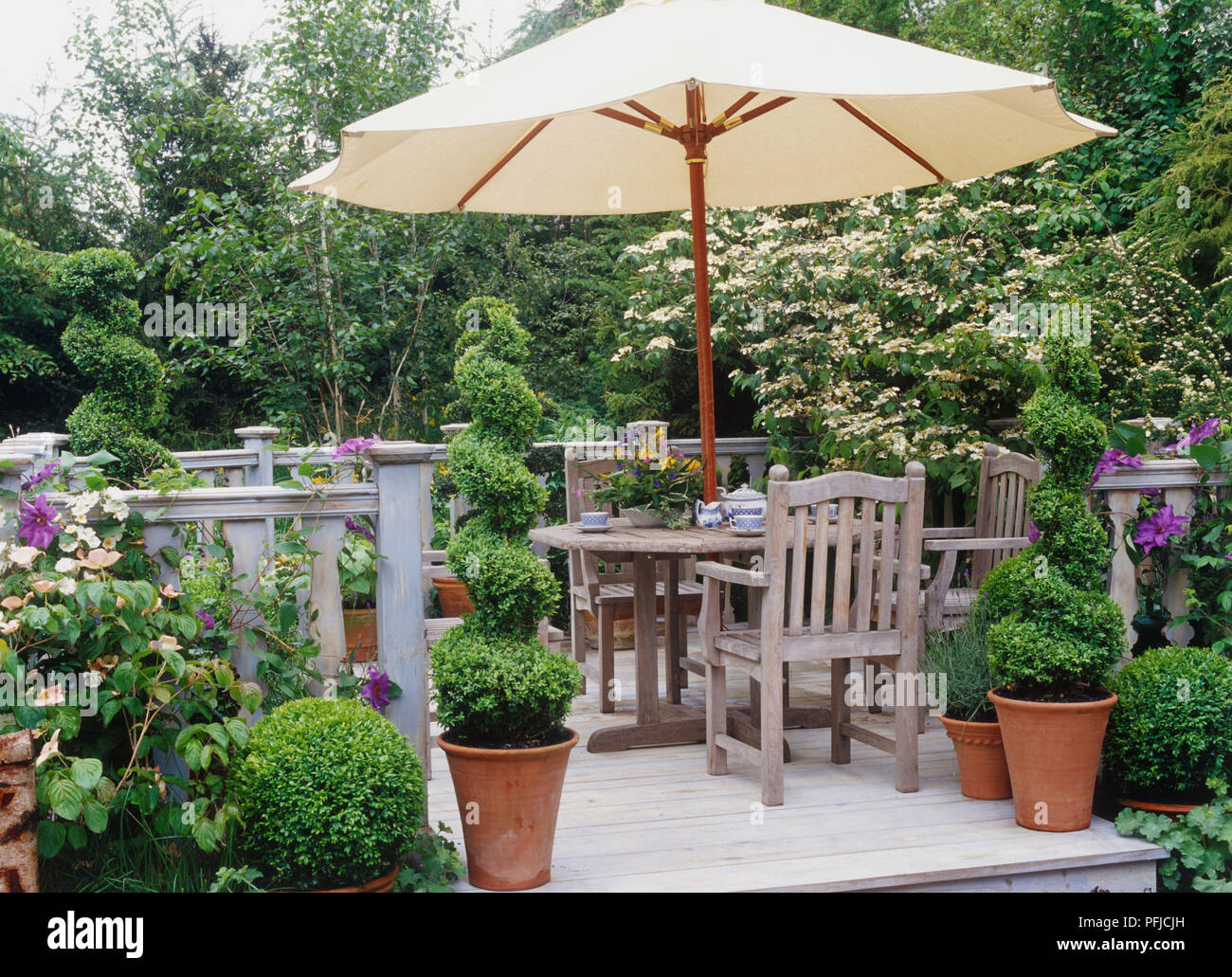 Heimischen Garten mit Holzmöbeln und Sonnenschirm auf Belag, Buchsbaum (Box) Hecken schneiden Formschnitt Formen Stockfoto