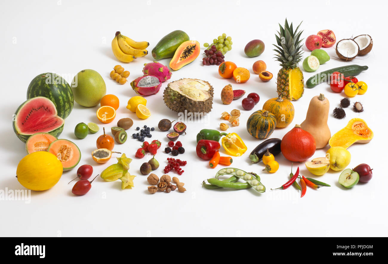 Große Auswahl an farbenfrohen frisches Obst und Gemüse Obst Stockfoto