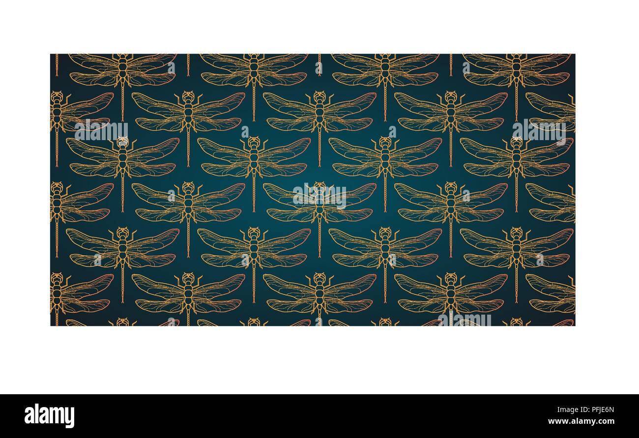 Dragonfly pattern nahtlose Vektor Illustration. Insekt Muster Hintergrund Gold. Vintage romantische Fliese Luxus gold Libelle auf minimalistischen dunklen eleganten Hintergrund. Schwarzes Gold Muster. Stock Vektor
