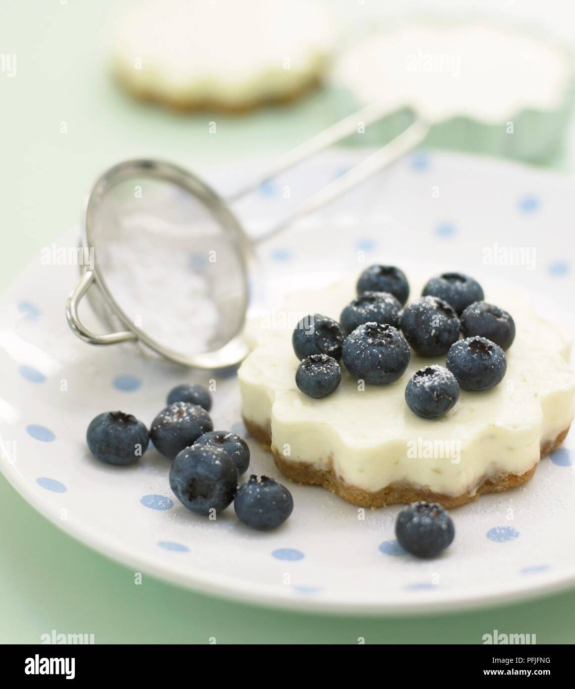 Blueberry cheesecake bestäubt mit Puderzucker, auf einer Platte mit einem kleinen Sieb Stockfoto