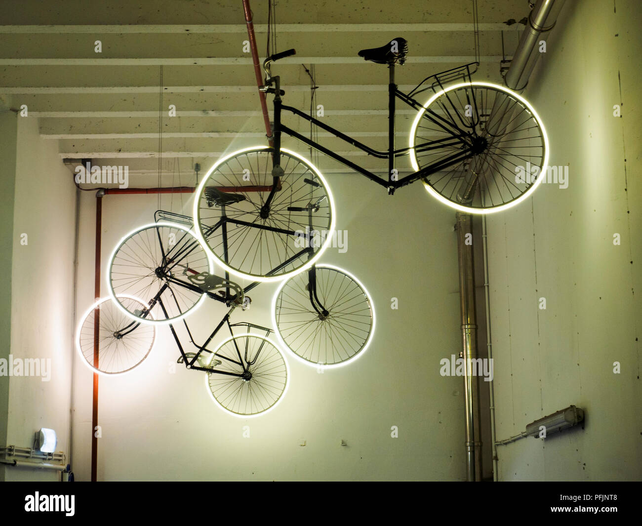 Hängende Fahrräder mit hellen Reifen als eine Anzeige für ein Fahrradverleih Garage - Brügge, Belgien. Stockfoto