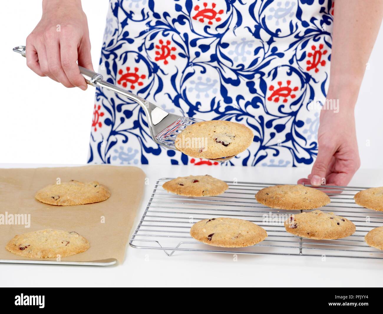 Verschieben von weißer Schokolade und Cranberry Cookies von Backblech auf Kühlung Rack, mit einem Spatel, close-up Stockfoto