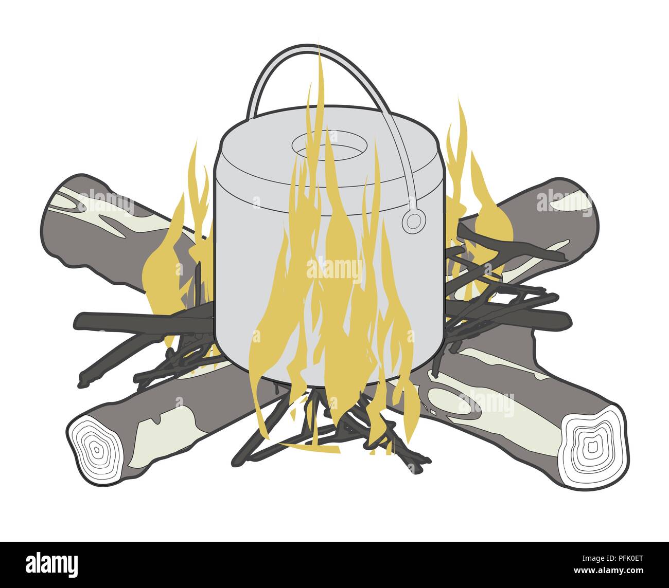 Digitale Illustration der Kochtopf auf sternförmige Lagerfeuer aus Baumstämmen und Ästen gebaut Stockfoto