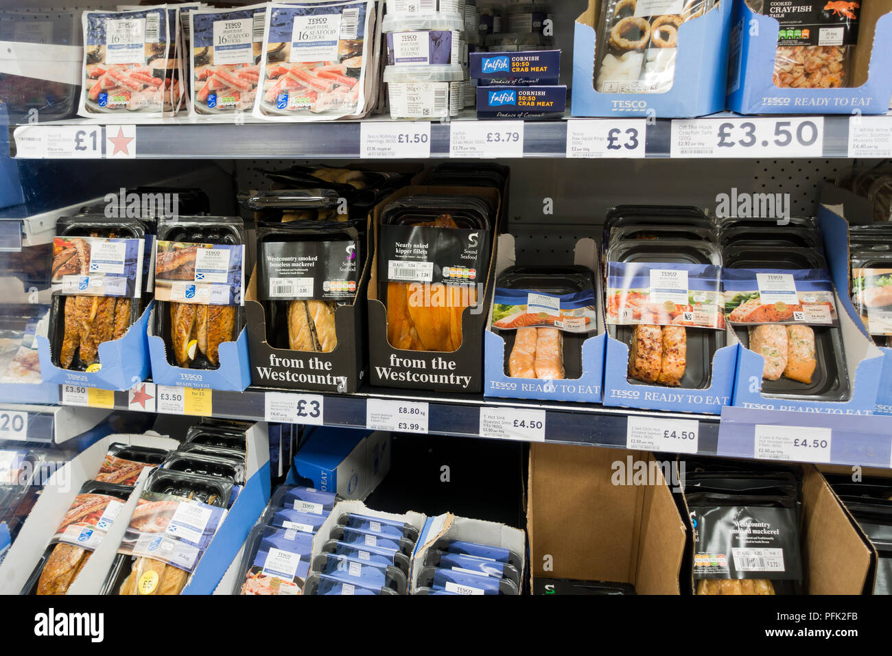 Öliger Fisch in Verpackungen aus Kunststoff für den Verkauf in einem Tesco Supermarkt, Vereinigtes Königreich Stockfoto