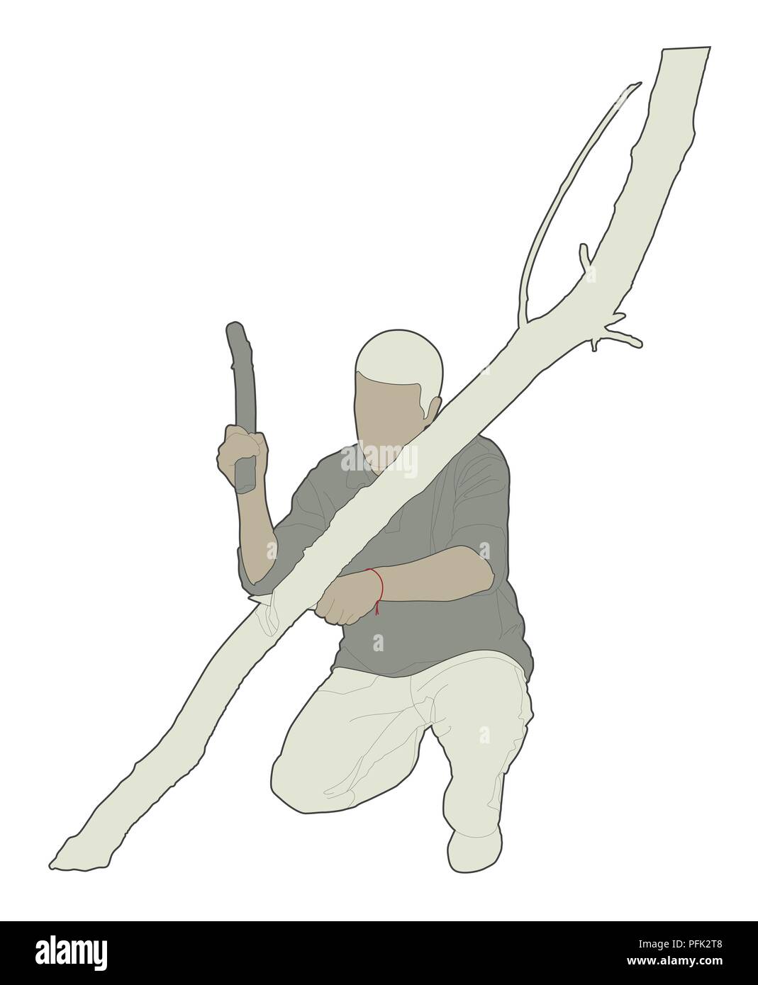 Digitale Illustration mit Stick für das Schlagen und Machete durch Baumstamm zu schneiden Mann Stockfoto