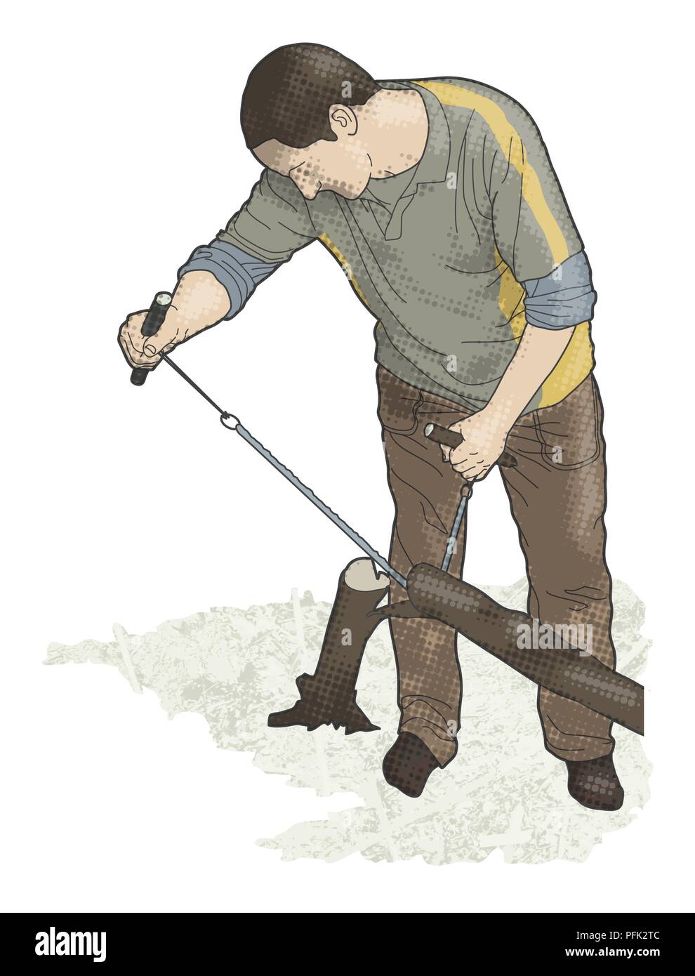 Digitale Illustration von Pocket Kettensäge durch die schmalen Baumstamm zu schneiden Mann Stockfoto