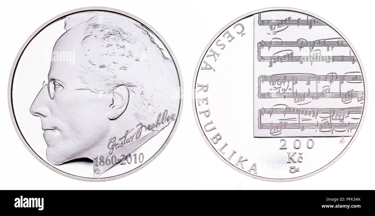 200 Kc Silber Gedenkmünze (2010) aus der Tschechischen Republik: 150. Jahrestag der Geburt des Komponisten Gustav Mahler Stockfoto