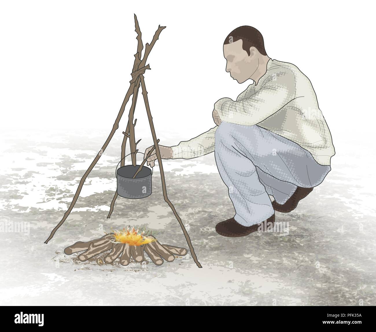 Digital composite Abbildung des Menschen rühren Essen kochen über dem Lagerfeuer ab Stativ von Sticks ausgesetzt Pan Stockfoto
