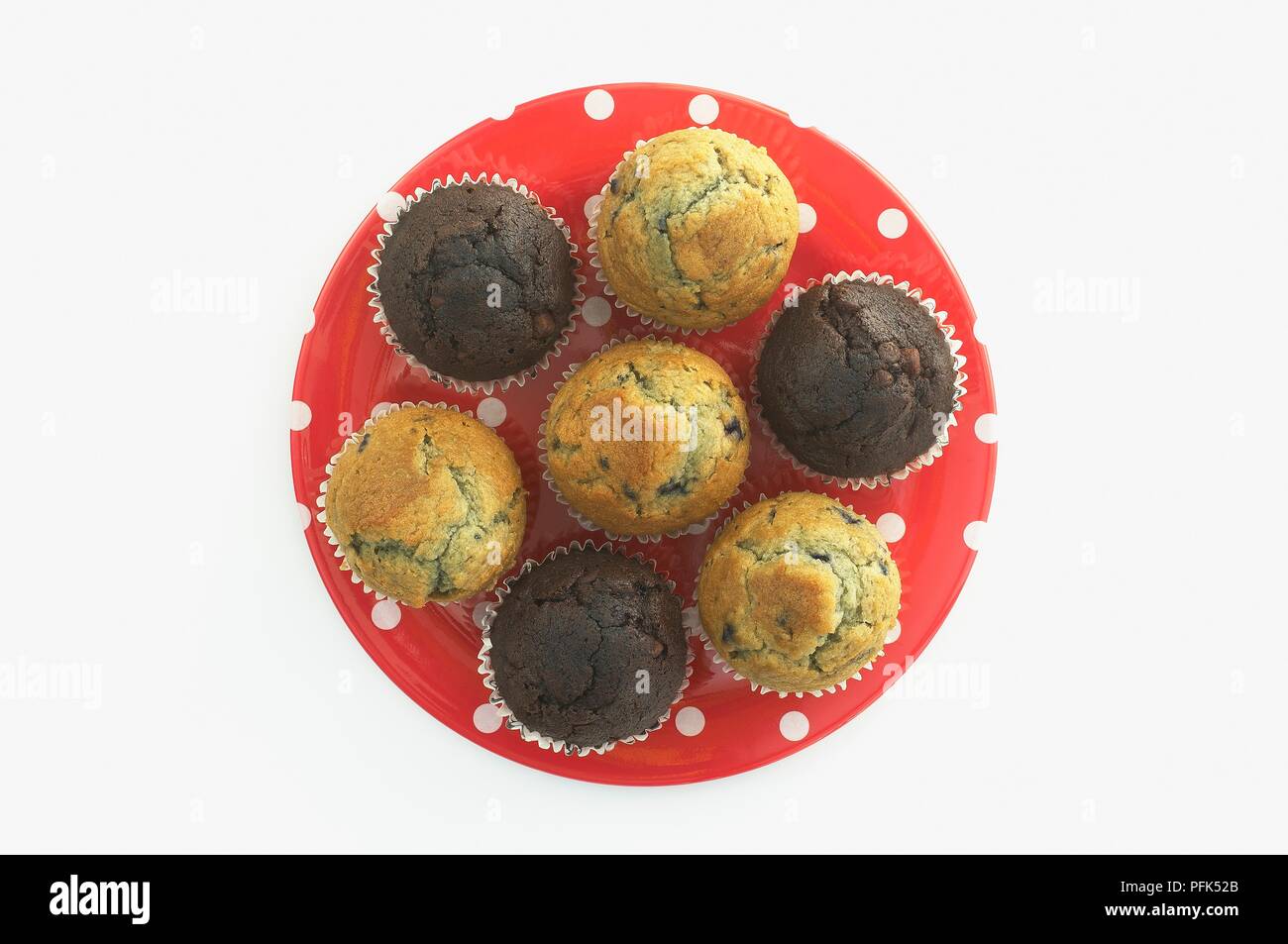 Schokolade und blueberry muffins auf Polka Dot Platte Stockfoto