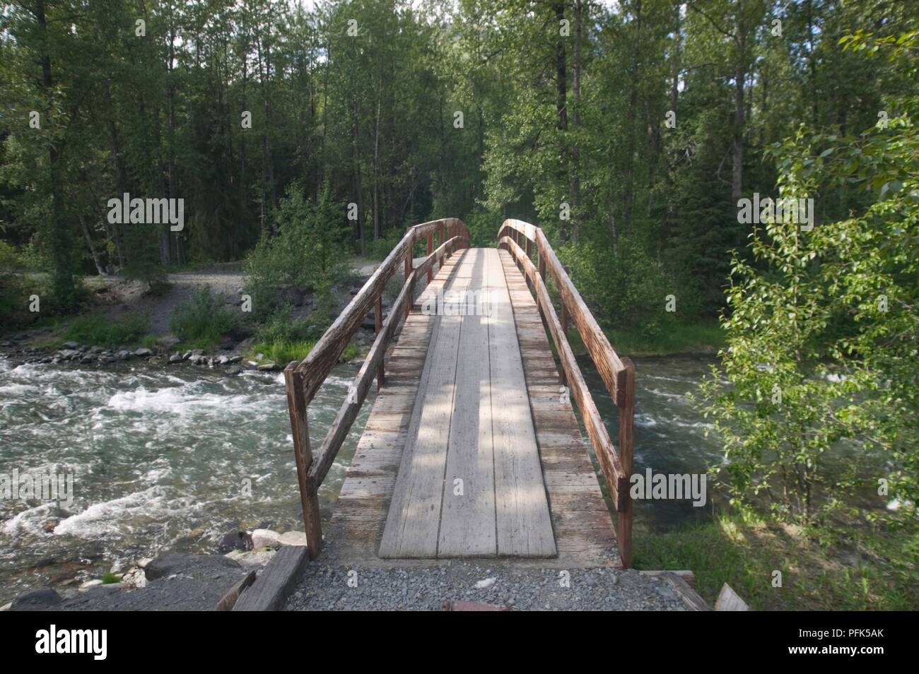 USA, Alaska, Kenai Halbinsel, Chugach National Forest Trail, Fußgängerbrücke über die Auferstehung Creek Stockfoto