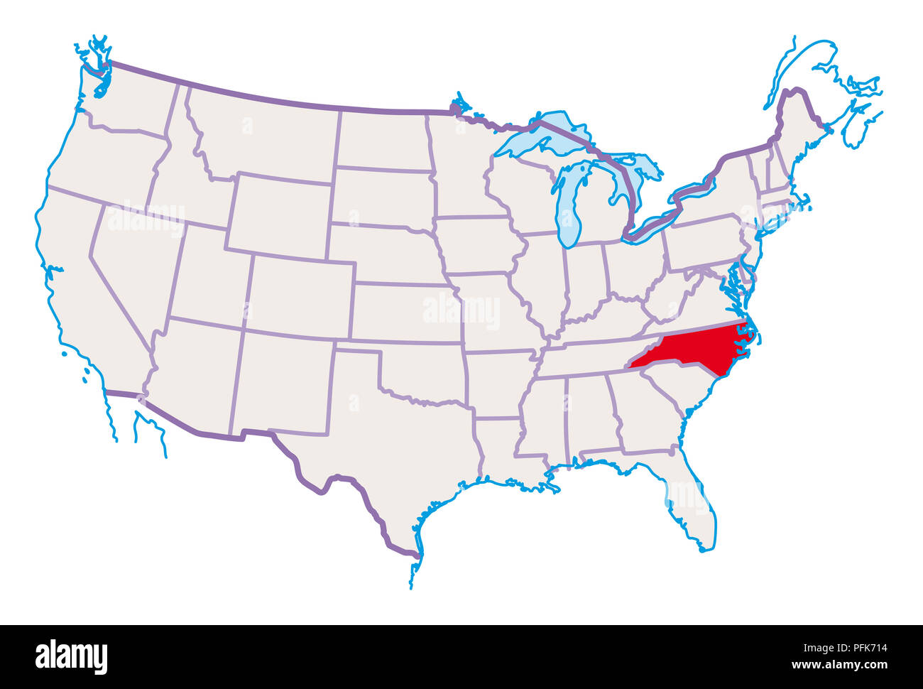 Karte von USA, North Carolina, in rot hervorgehoben Stockfoto