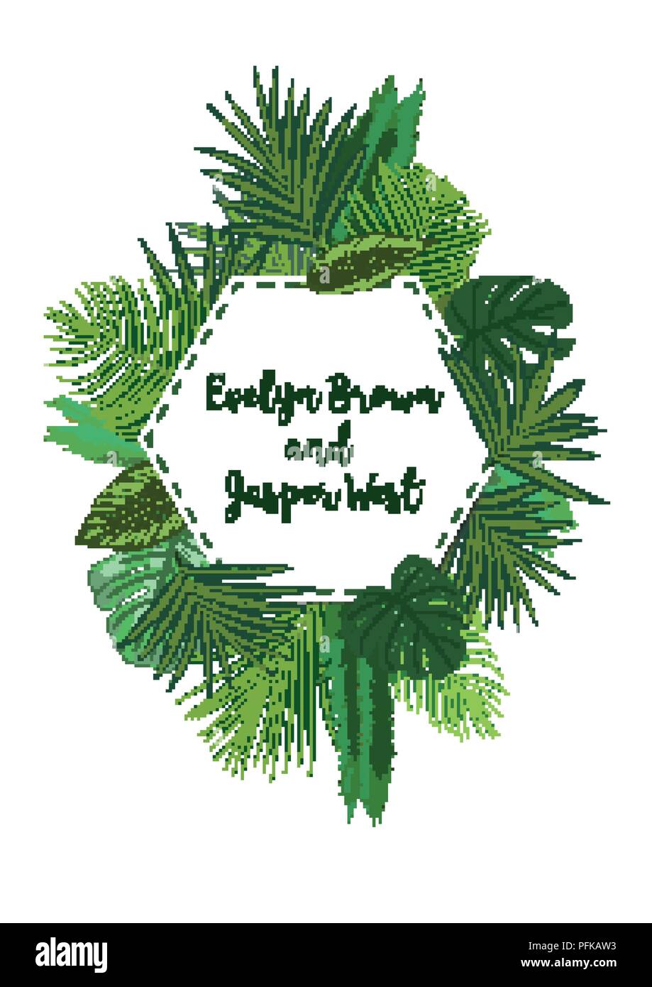 Hochzeit Einladung Karte laden, floral Design mit grünen tropischen Wald Palmenblättern, Wald, Farn Grün in eine schöne hexagonale Frame einfach. Stock Vektor