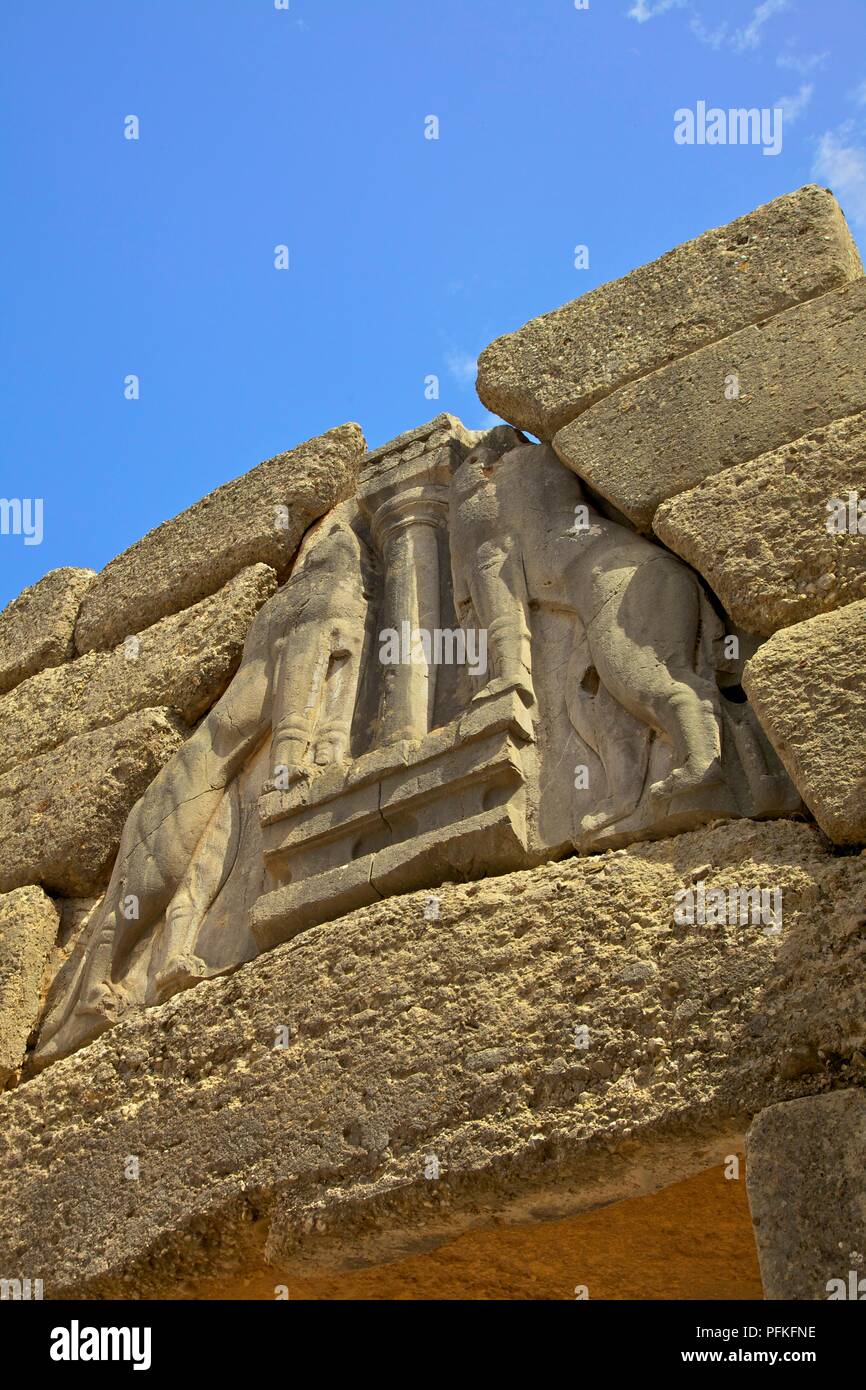 Die Lion's Gate, Mykene, Argolis, Peloponnes, Griechenland, Südeuropa Stockfoto