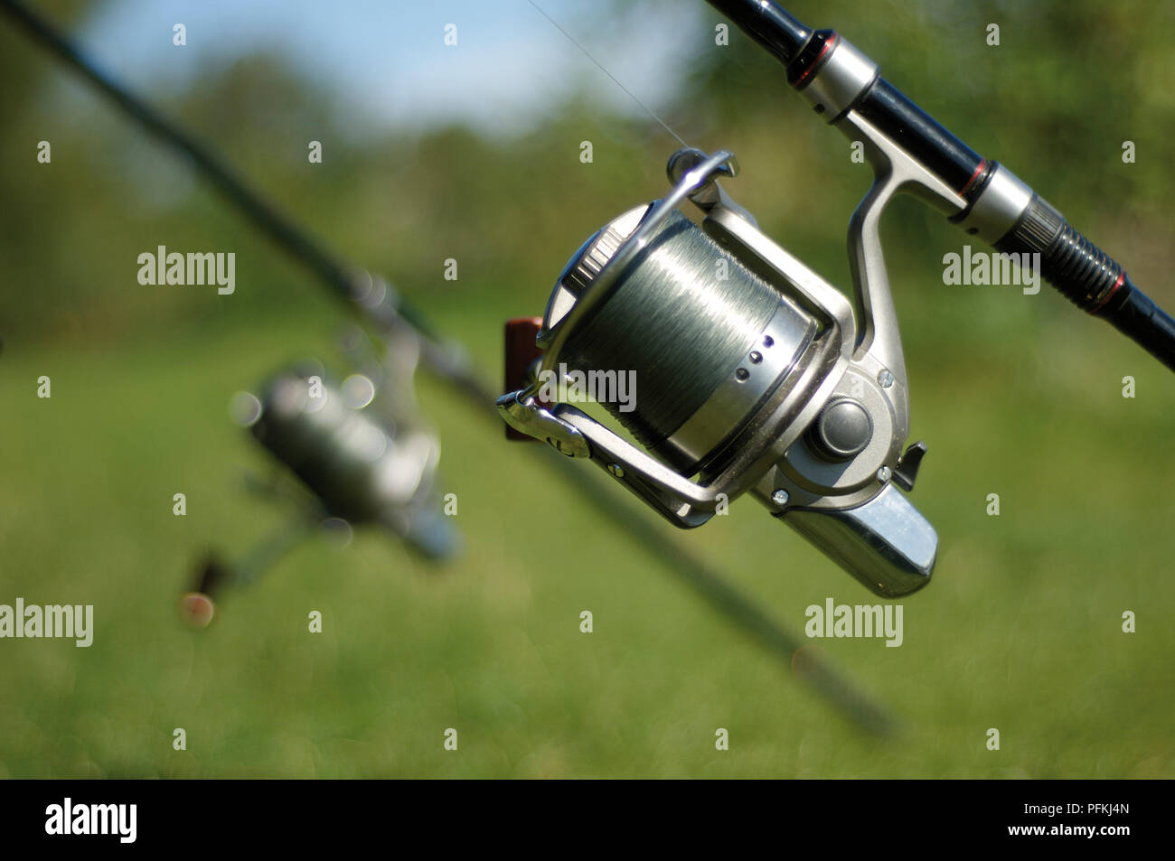 Fixed spool Reel, close-up Stockfoto