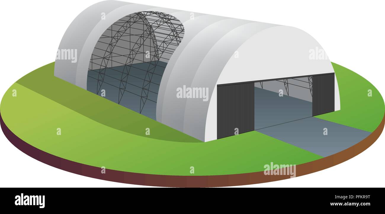 Markise Plane Zelt provisorisches Lager Ausstellung tunnel Halle Flugzeughangar. Scheune Gebäude Drahtmodell. Klar Rahmen. Vektor isomet Stock Vektor
