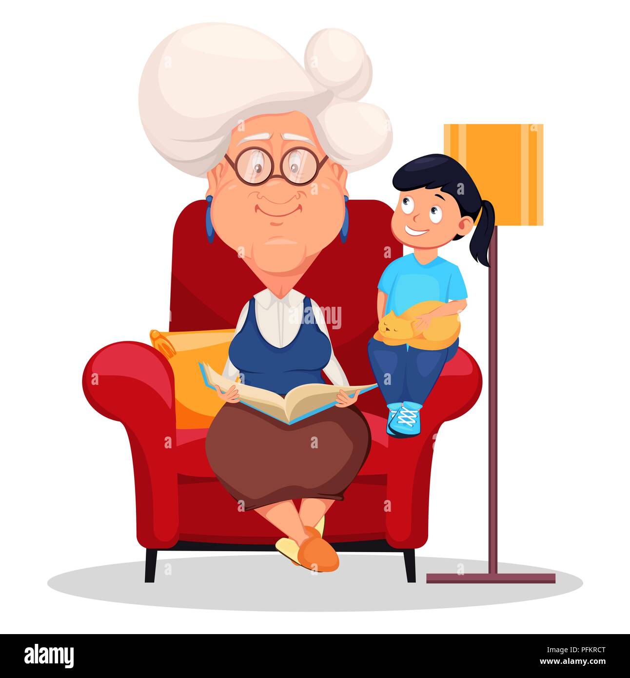 Großmutter Brillen tragen. Silber behaarte Oma sitzt in einem Sessel und las ein Buch zu ihrer Enkelin. Cartoon Charakter. Vektor Lllustrat Stock Vektor
