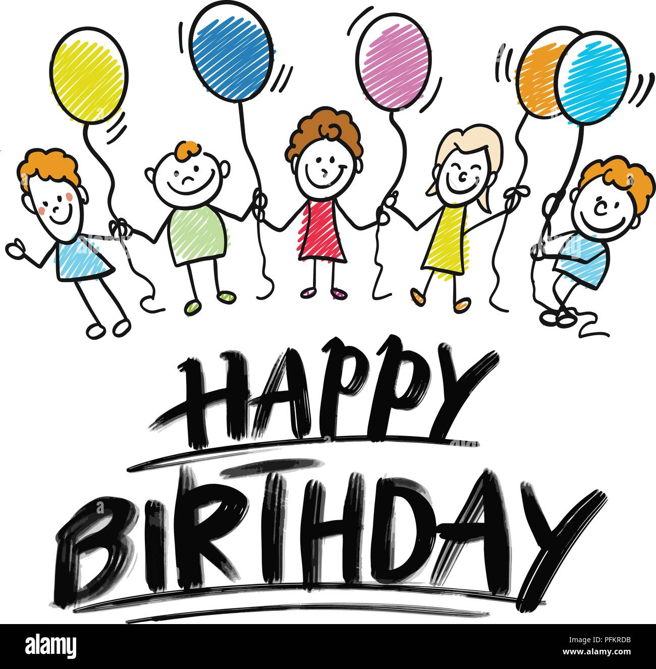 Happy birthday Schriftzug mit Kindern doodles. Hand gezeichnet Vektor