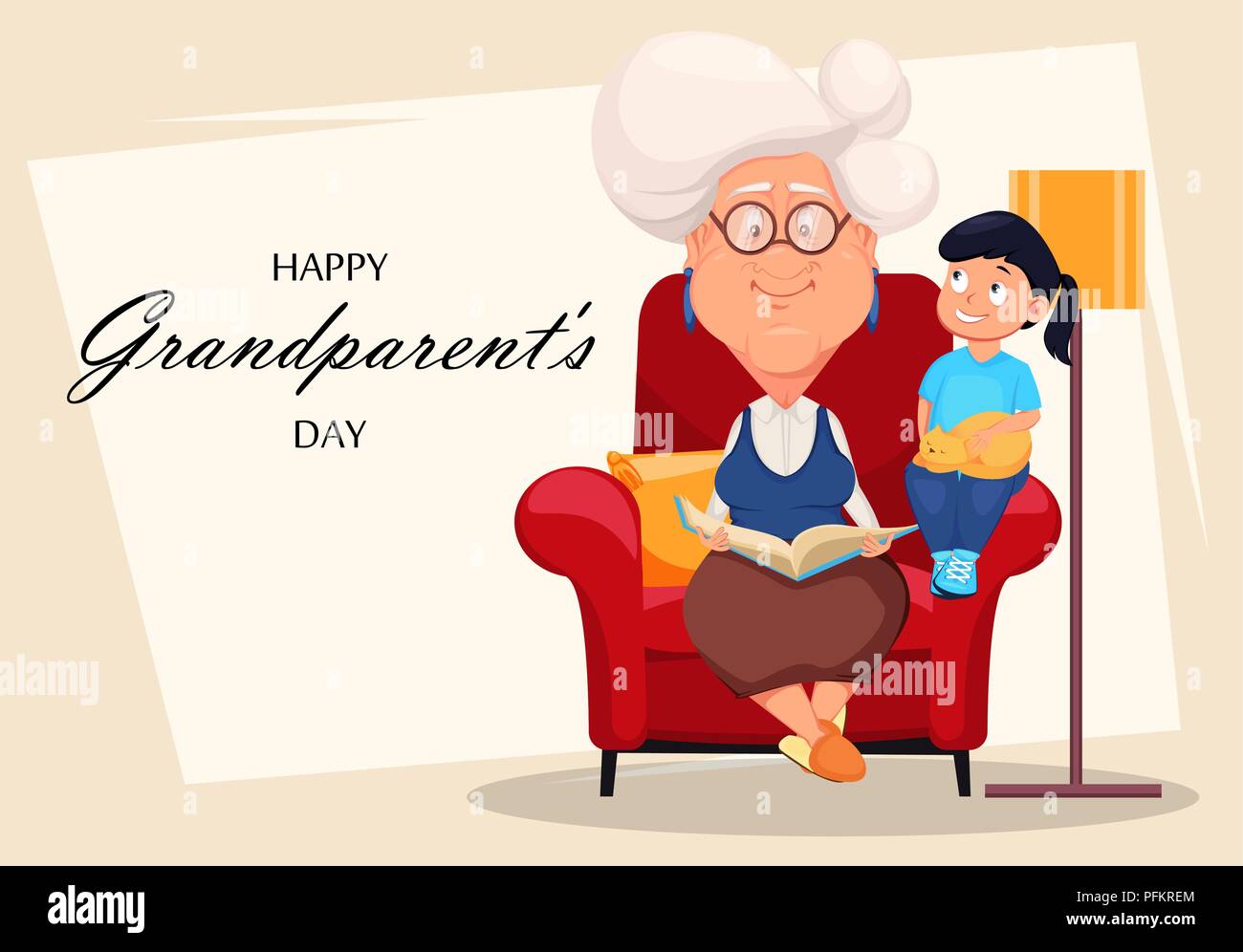 Glückliche Großeltern-Tag Grußkarte. Silber behaarte Oma sitzt in einem  Sessel und las ein Buch zu ihrer Enkelin. Cartoon Charakter. Vektor krank  Stock-Vektorgrafik - Alamy