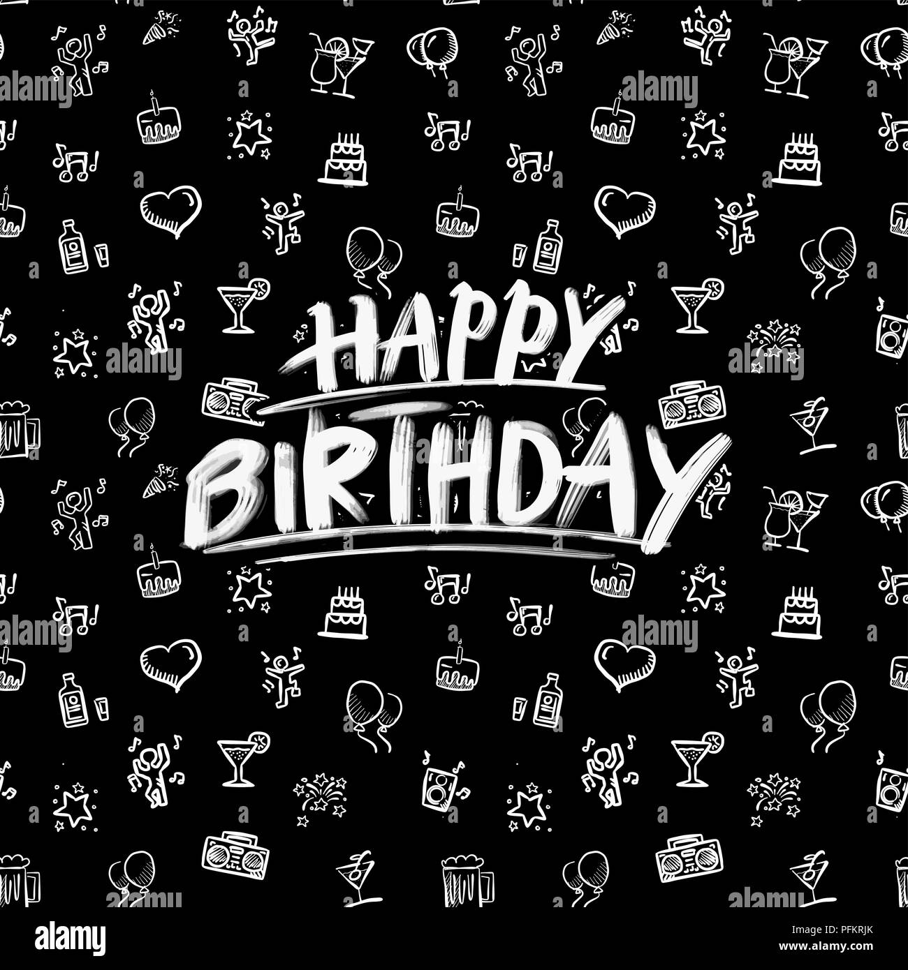 Happy birthday Schriftzug mit Party doodles. Hand gezeichnet Vektor Skizze. Weiß auf Schwarz. Stock Vektor