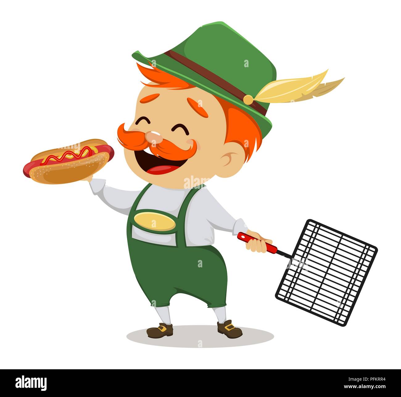 Oktoberfest, Bierfest. Lustiger Mann, zeichentrickfigur Holding hot dog und Grid. Vector Illustration auf abstrakten Hintergrund. Stock Vektor