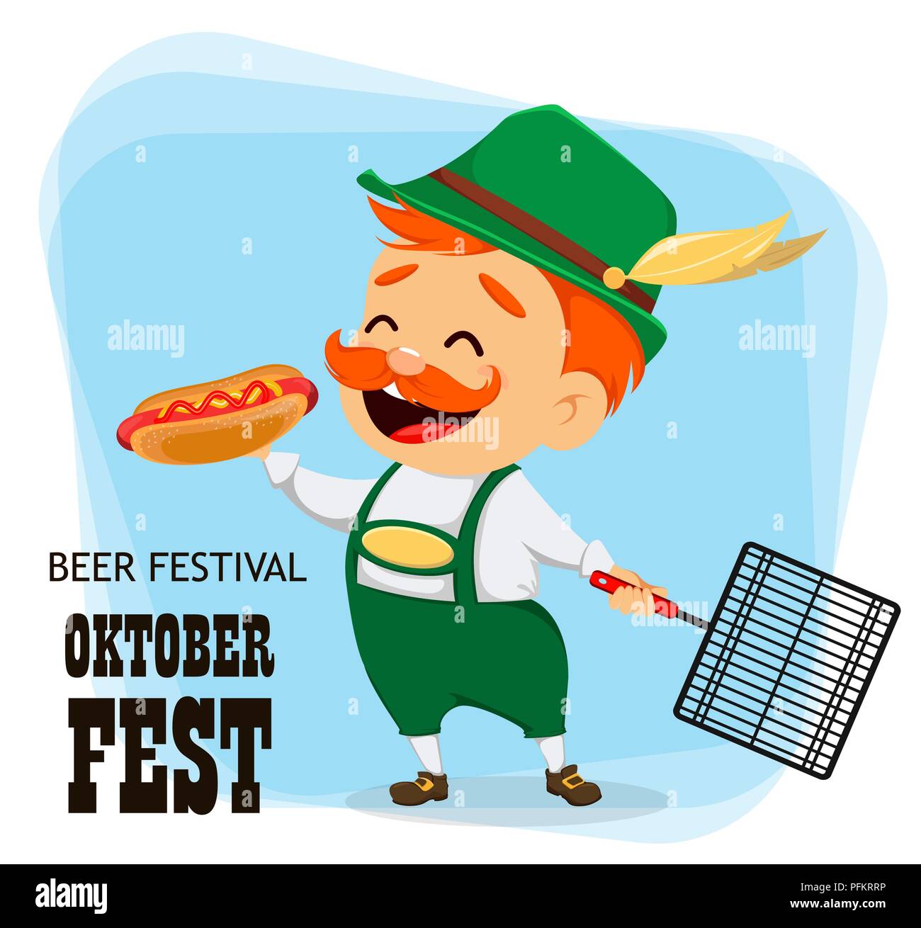 Oktoberfest, Bierfest. Lustiger Mann, zeichentrickfigur Holding hot dog und Grid. Vector Illustration auf abstrakten Hintergrund. Stock Vektor