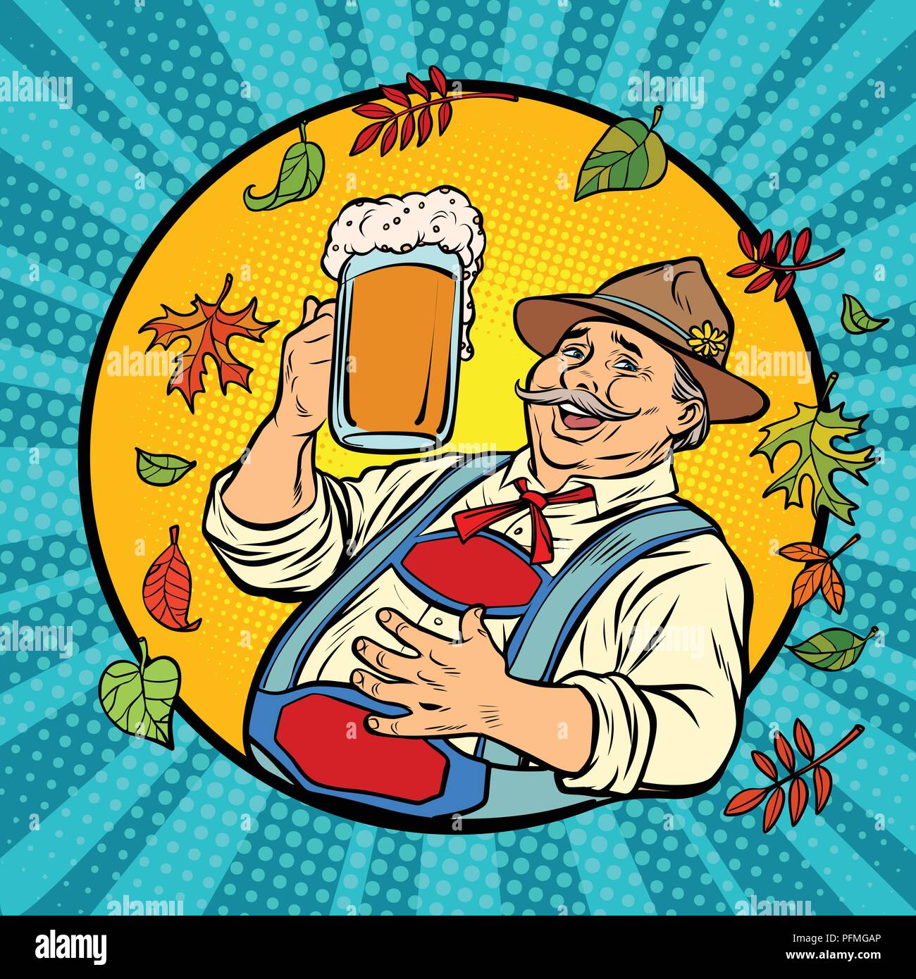 Oktoberfest Deutsch alter Mann mit Bier. Comic cartoon Pop Art retro Vektor illustration Zeichnung Stock Vektor