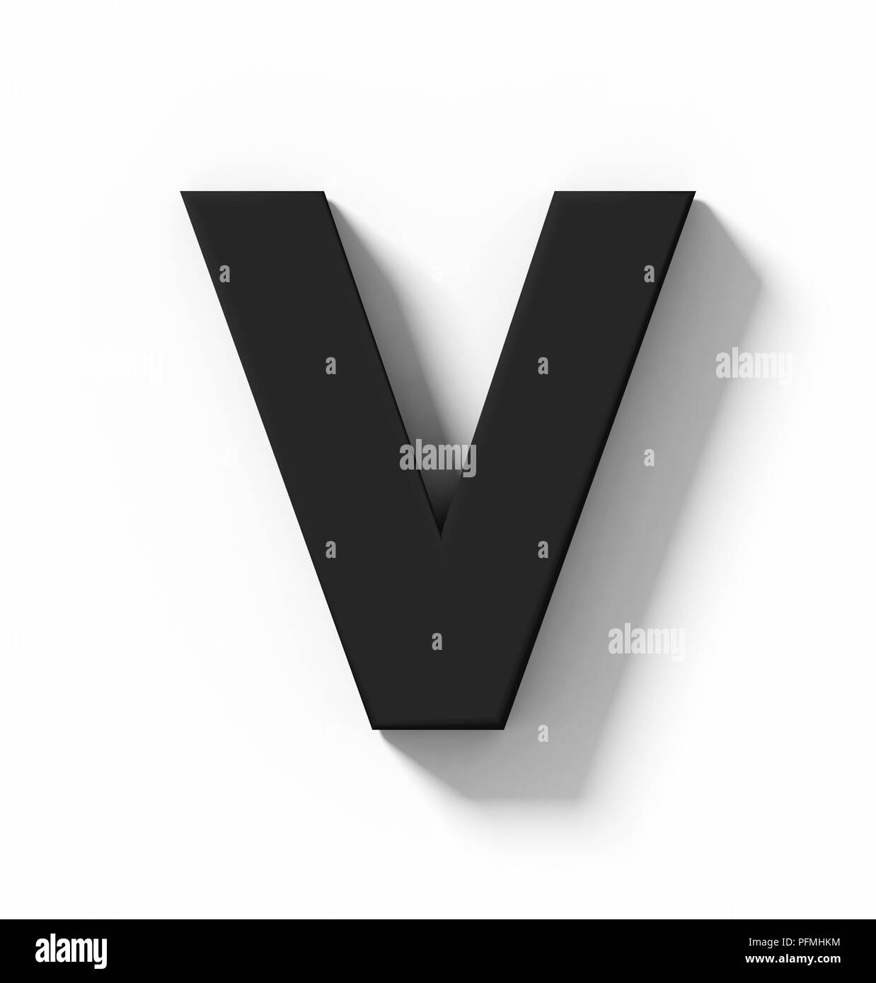Buchstabe V 3D Schwarz isoliert auf Weiß mit Schatten-orthogonale Projektion - 3D-Rendering Stockfoto