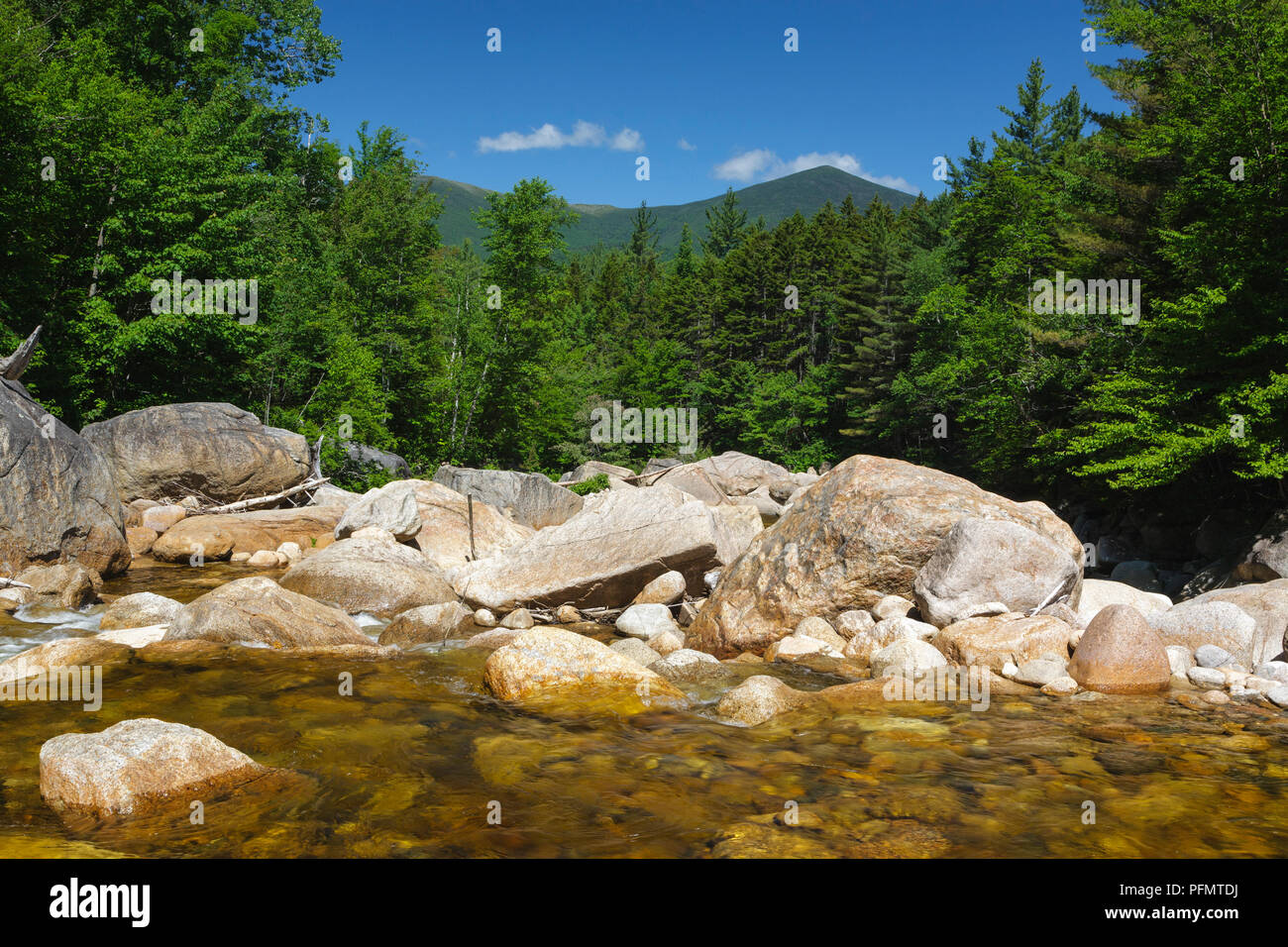 Jenseits der großen Felsbrocken ein Holz trestle einmal im Osten Zweig der Pemigewasset Pemigewasset River in der Wüste von Lincoln, Neue überspannt Stockfoto