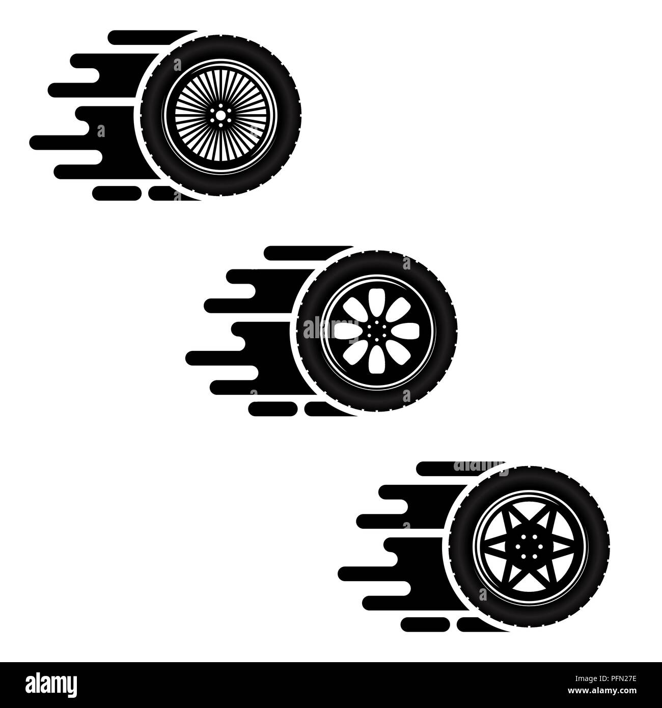 Satz von drei Räder mit Reifen Titel Silhouetten Stock Vektor