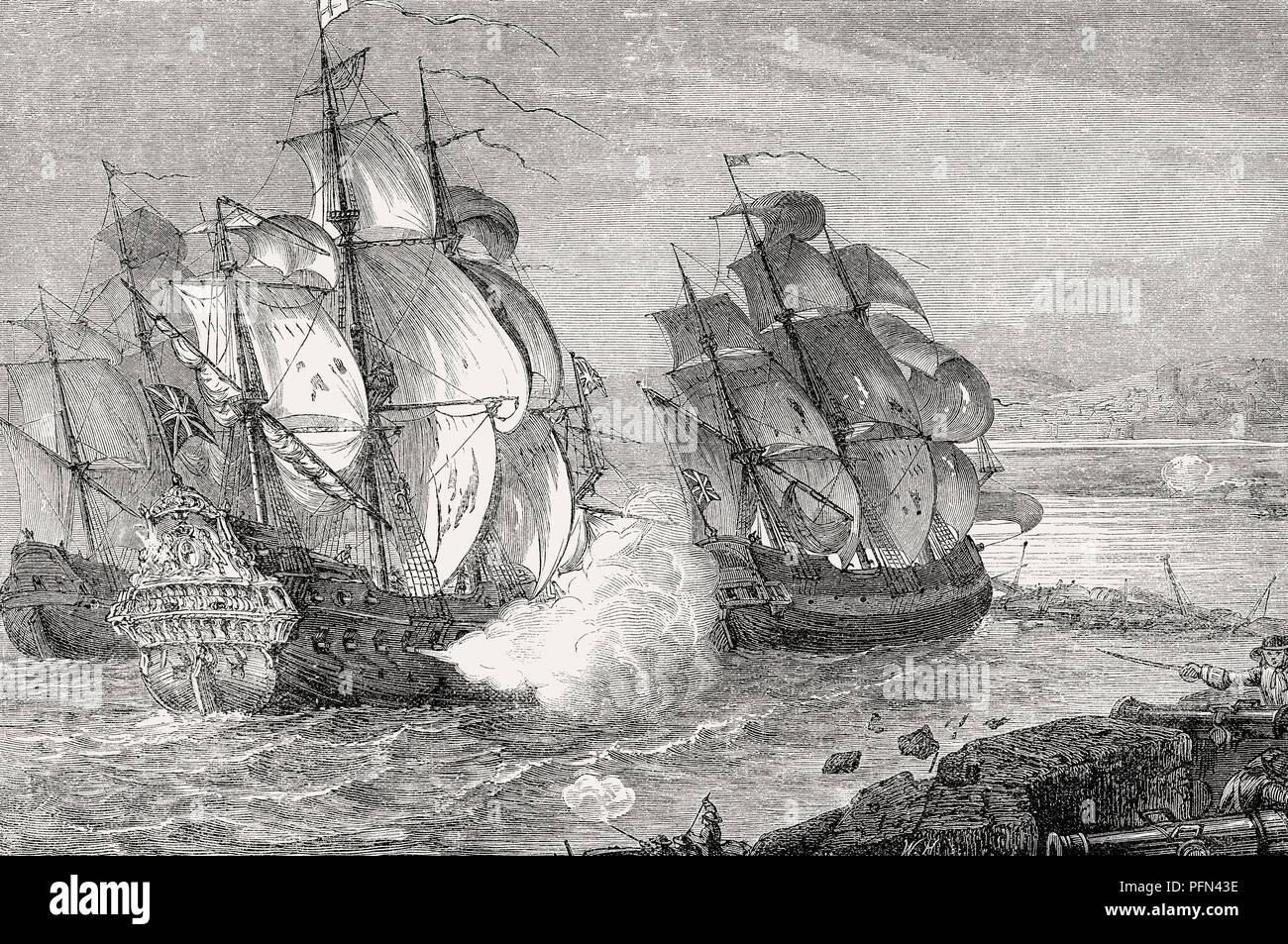 Das Handelsschiff Mountjoy und der Fregatte HMS Dartmouth an der Großen Belagerung von Londonderry, 1689 vom britischen Schlachten auf Land und Meer, von James Gran Stockfoto