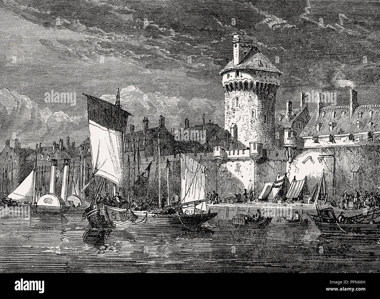 Historische Ansicht von Saint-Malo, einem historischen französischen Hafen in der Bretagne an der Kanalküste, 19. Jahrhundert, die von den Britischen Schlachten auf Land und Meer, von James Gr Stockfoto