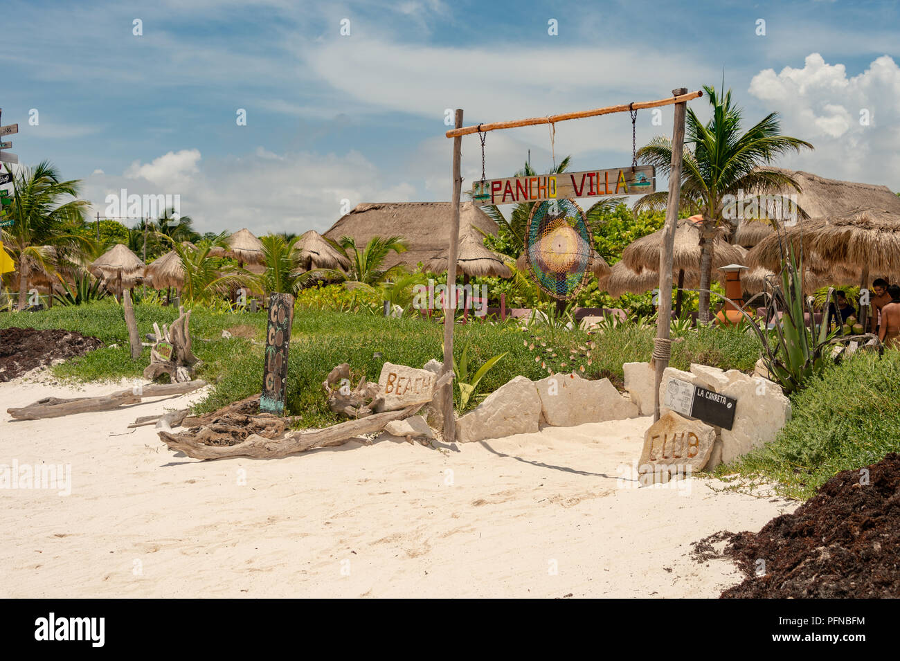 Tulum, Mexiko - 12. August 2018: Pancho Villa Hotel am Strand von Tulum. Stockfoto