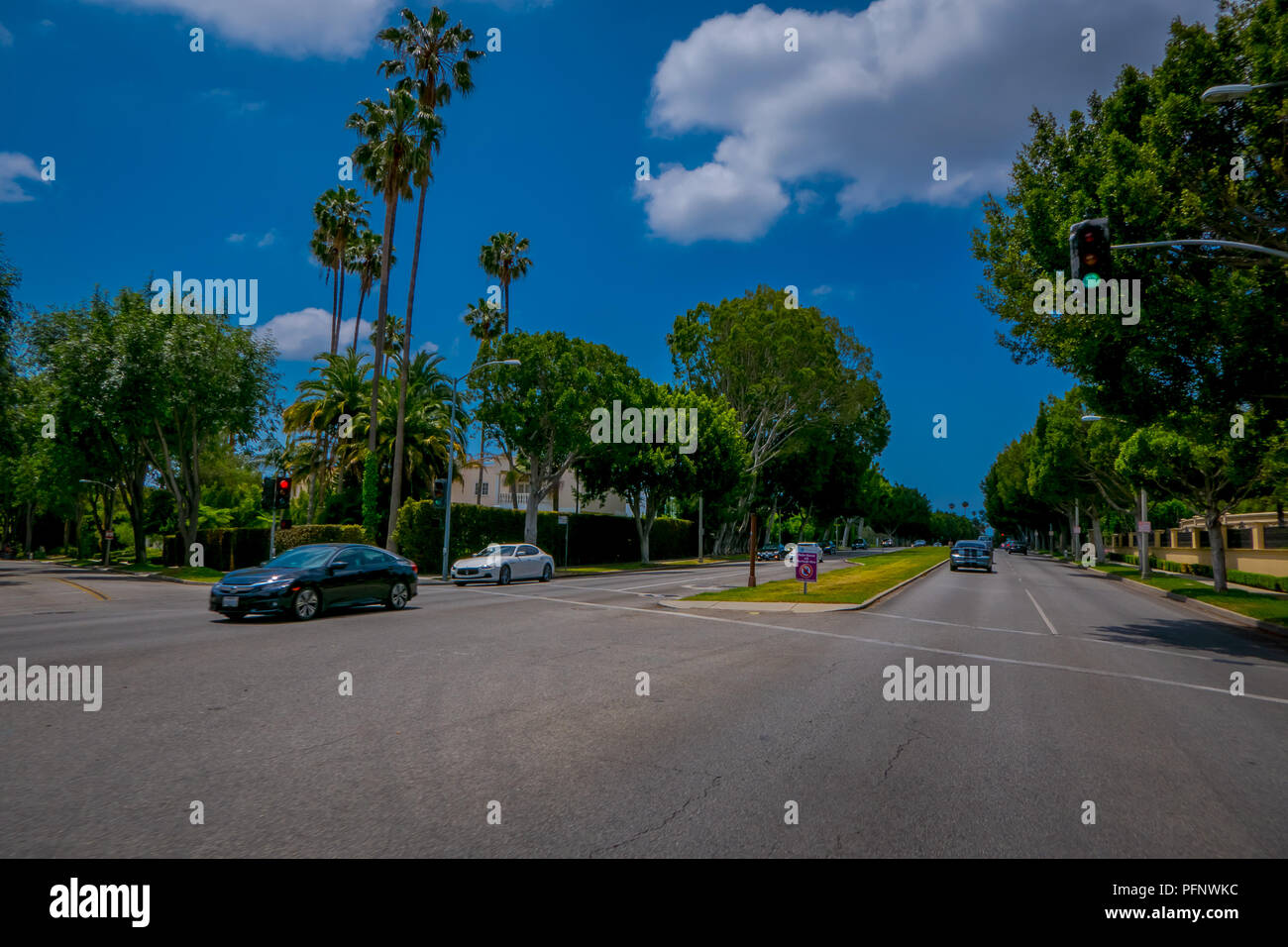 Los Angeles, Kalifornien, USA, Juni, 15, 2018: Palmen Straße in Beverly Hills und Autos in den Straßen von Los Angeles, Kalifornien, USA zirkulierenden, berühmten Avenue und Berühmtheiten Wohnungen Stockfoto