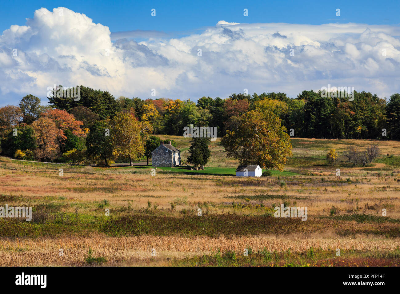 Eine vollständige Herbst Landschaft Big Sky, Licht und Schatten, offenen Feldern, dichten Bäumen bis zum Horizont und, die alle von einem alten Steinhaus verankert. Stockfoto