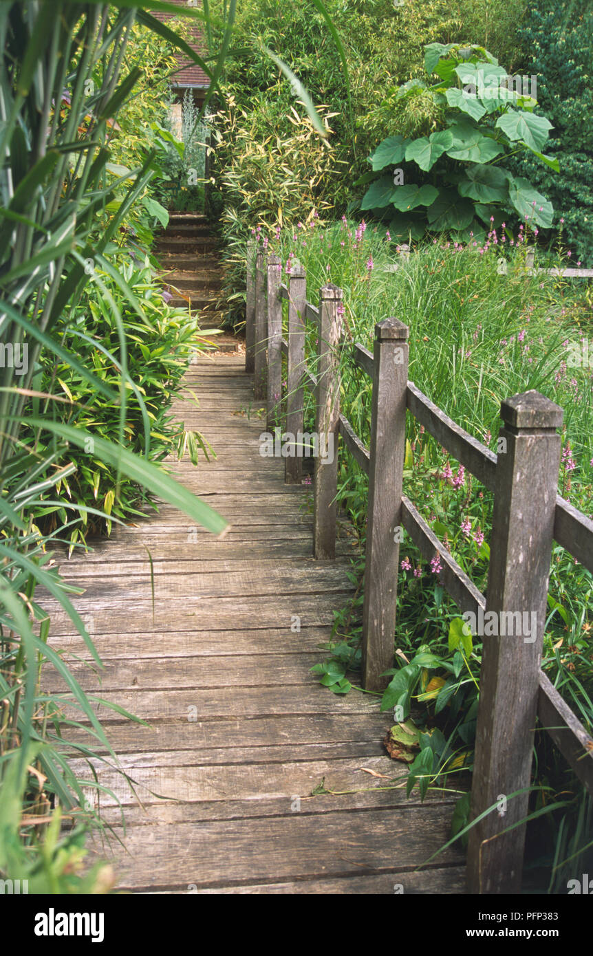 Blumiges Holz gesäumten Garten weg zu gehen. Stockfoto